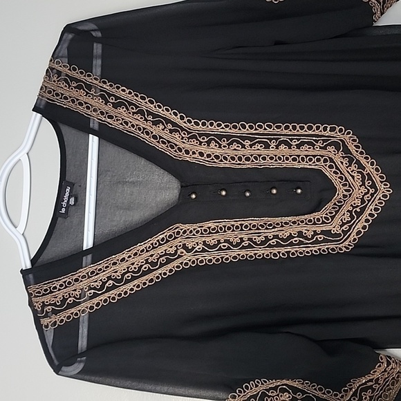 LE Chateau Black gold tunic top sheer medium blouse - Picture 2 of 7